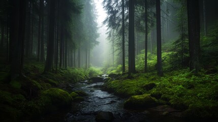 Fototapeta premium A narrow creek flows through a dense forest, enveloped in mist that creates a dreamy atmosphere. Lush greenery and moss-covered rocks add depth to the landscape