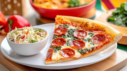 pepperoni pizza slice with coleslaw in a small bowl, hyper-realistic photo style, simple tabletop with clean backdrop, sizzling and hot mood