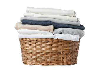 A woven wicker basket overflowing with neatly folded clothes isolated on transparent background