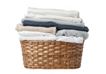A woven wicker basket overflowing with neatly folded clothes isolated on transparent background