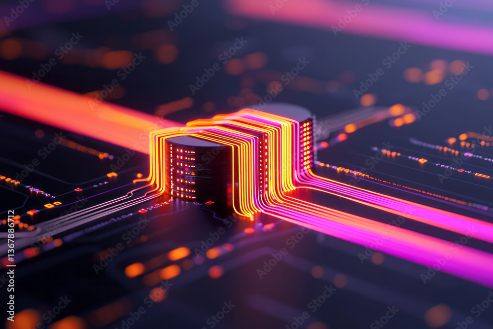 Poster abstract glowing data lines branching out from a central source into various platforms, symbolizing