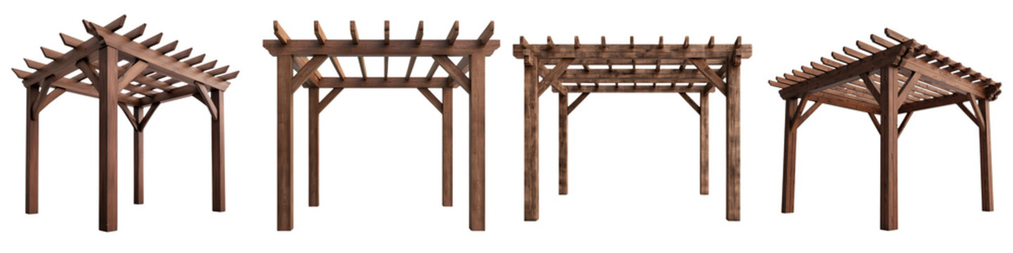 Collection of different wooden pergolas arbors trellises and gazebos designed for outdoor living spaces like gardens backyards and patios