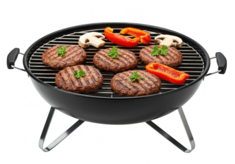A small round black barbecue grill with containing several beef burger patties isolated on transparent background