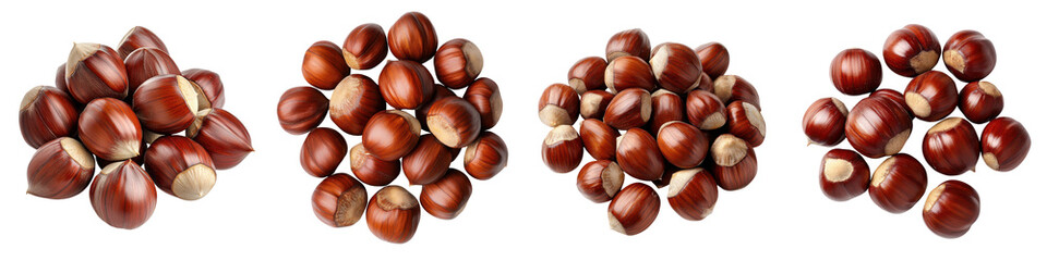 Obraz premium Heaps of natural organic chestnuts in their brown shells harvested during the autumn season and ready for culinary use