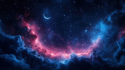 Obraz premium Night sky, crescent moon, nebula clouds, starry background, cosmic backdrop