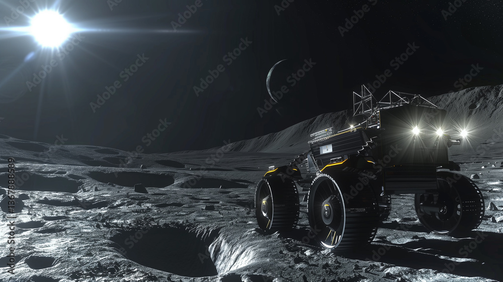 Poster this excavation vehicle operates on an asteroid's surface, extracting regolith for resource refineme