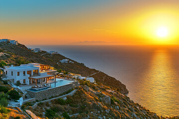 Luxury villa perched on a hilltop offers breathtaking views of the azure sea at sunset.