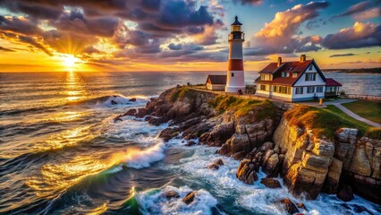 New England Lighthouse Aerial View: Dramatic Coastal Seascape at Sunset