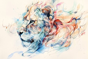 Fototapeta premium Majestic lion portrait emerging from a colorful watercolor splash, showing the beauty of nature
