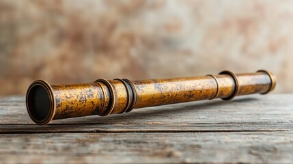 Obraz premium Antique brass telescope on wooden surface