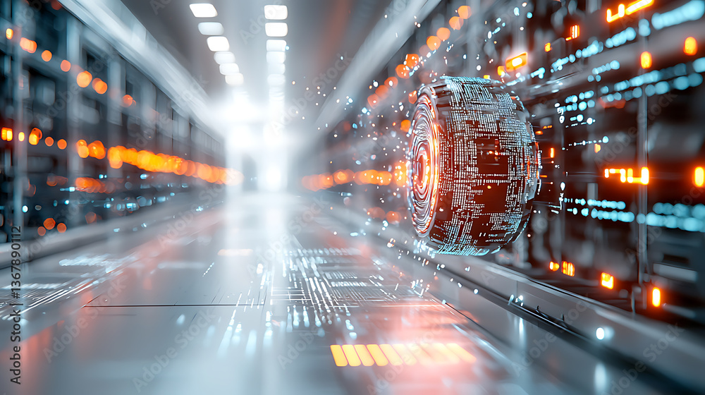 Poster high-tech data processing event in a futuristic server room with digital displays and holograms