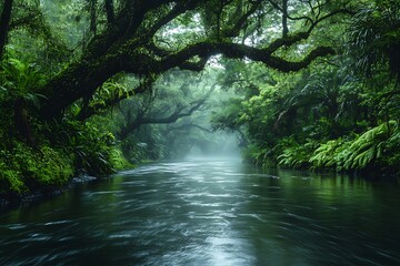 Fototapeta premium A river winding through a misty rainforest, with ancient trees draped in moss lining the banks
