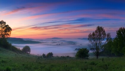 夜明けに霧がかかり、幻想的な雰囲気を演出する空