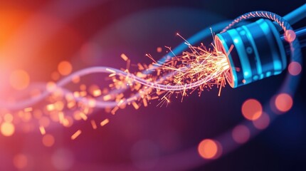 abstract digital data goes via the cable with sparks