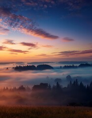 Fototapeta premium 夜明けに霧がかかり、幻想的な雰囲気を演出する空