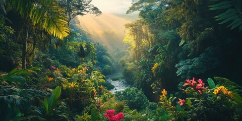 Lush tropical rainforest with sunlight filtering through trees and vibrant flowers.