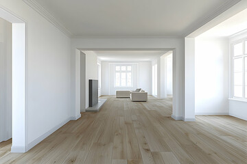 Contemporary 3D-rendered living room featuring minimalist style, wooden flooring, and clean white walls.
