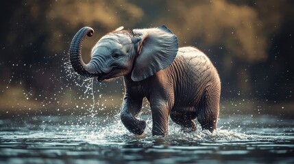 A Small Elephant Playing Happily In Water Creating Water Splash