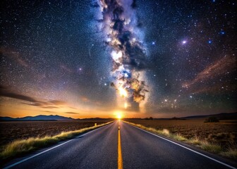 Naklejka premium Night Asphalt Road, Starry Sky, High Quality Stock Photo