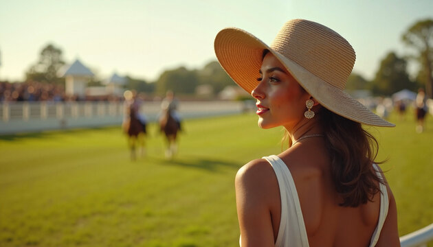 Elegant woman enjoying a polo match on a sunny day, Fancy hats at races,  Grand National horse race   