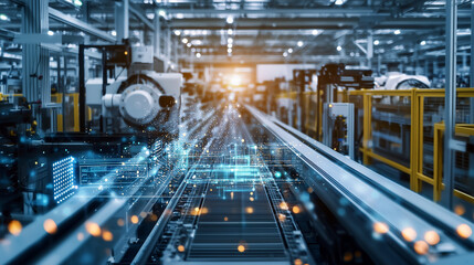 Fototapeta premium Smart Factory with Connected Machines and Real-Time Data Exchange