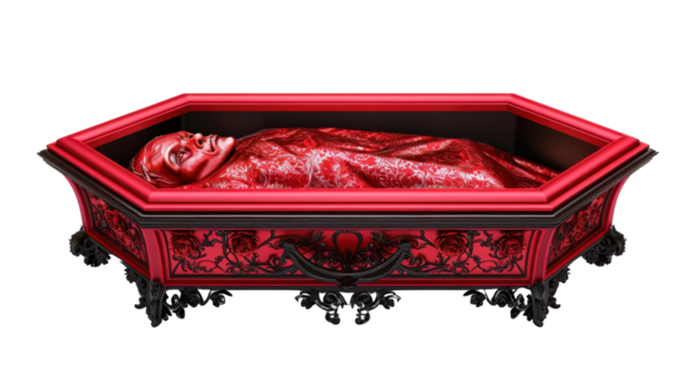 Red vampire resting in ornate coffin with transparent background