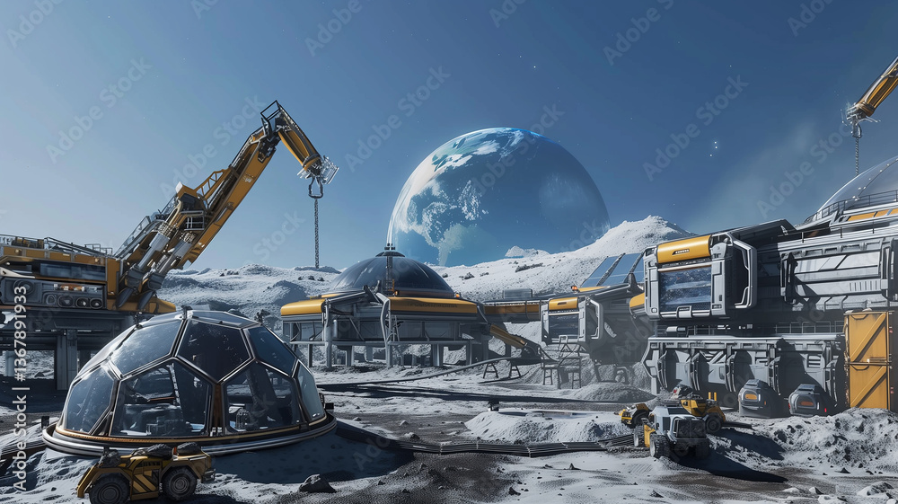 Poster this construction of an extraction refinery for regolith on an asteroid with earth visible in the sk