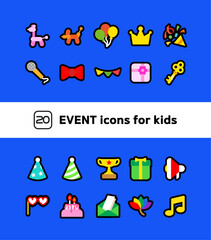 Fototapeta premium Black line icon CUTE Event icon set for kids 