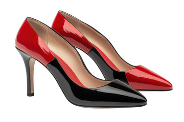 Elegant red and black patent leather heels, a bold statement of sophisticated style with a sleek pointed toe and high stiletto heel.