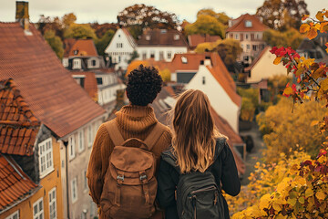 On a bright spring morning, a young multiracial couple enjoys a vibrant panoramic view of a picturesque Danish destination, surrounded by colorful autumn foliage.