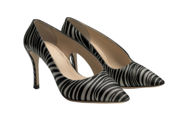Elegant zebra-striped heels, a statement of sophisticated style with a chic keyhole detail, poised for a night out, showcasing a modern design and sleek silhouette.