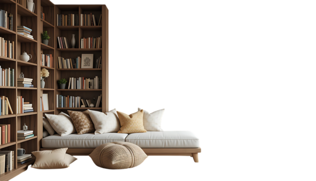 Cozy home nook with assorted cushions and bookshelves for relaxation
