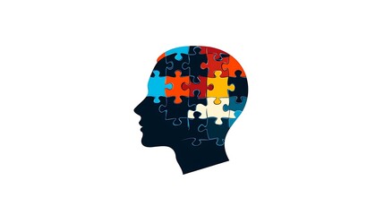 A human head silhouette comprised of various colored jigsaw puzzle pieces, symbolizing a complex mind
