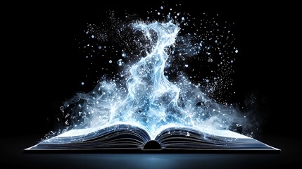 Open Book with Glowing Blue Particles on Black Background