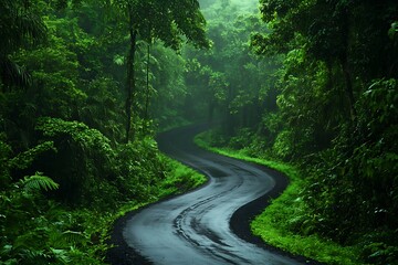 Fototapeta premium A road curving through a thick, overgrown jungle, with dense foliage and the sound of distant wildlife filling the air