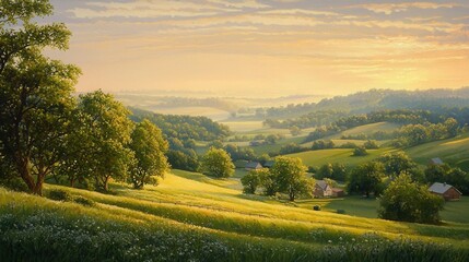 Fototapeta premium A beautiful sunny countryside view with rolling hills and greenery