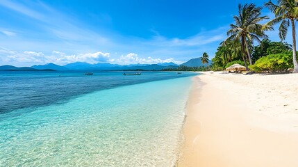 Fototapeta premium Tropical Paradise: Idyllic Beach Scene with Crystal Clear Waters and Lush Palm Trees