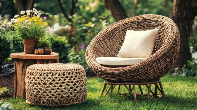 A beautiful garden setting with a rattan lounge chair, a woven ottoman, and a rustic wooden side table.