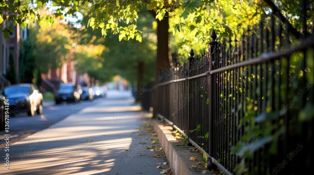 Poster minimalist stone fence runs beside a calm sidewalk, illuminated by warm late afternoon light. nearby