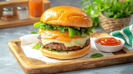 bacon cheeseburger with ketchup and mustard on the side, painterly brush texture, simple tabletop with clean backdrop, delicious and inviting mood