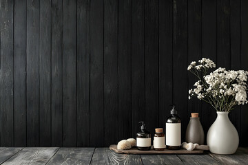 A textured and rustic background with dark black walls and wooden planks, providing the perfect backdrop for product photography.