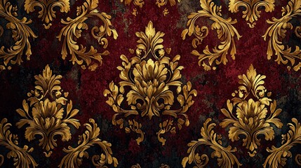 Ornate gold damask pattern on burgundy background
