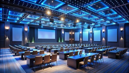 Night Conference Room Setup: Large Screens, Stage, Podium, Tables, Chairs