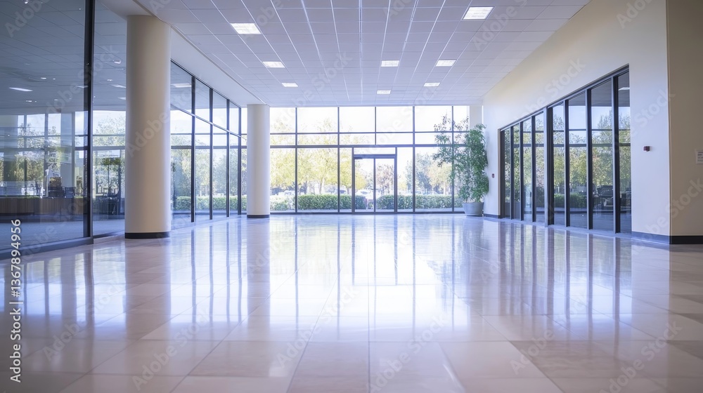 Aufkleber Open and airy office space features floor-to-ceiling windows letting in soft natural light, creating a calming environment with blurred greenery visible outside