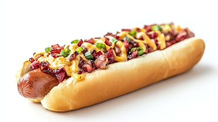 cheese-stuffed hotdog with onion rings, realistic oil on canvas effect, on a white background, sizzling and hot mood