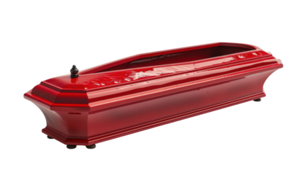 Red glossy coffin isolated on transparent background representing funeral and death