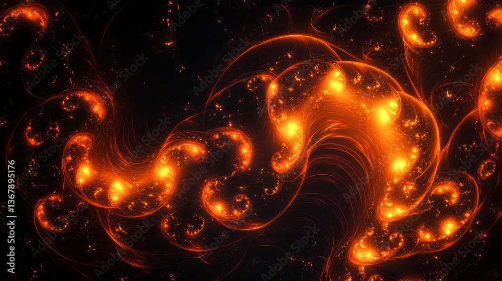 Poster Abstract orange fractal art with swirling patterns and glowing lights on dark background.