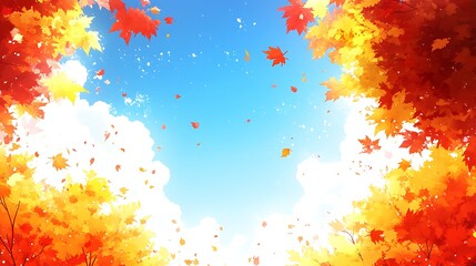Beautiful autumn landscape with falling leaves and a bright blue sky