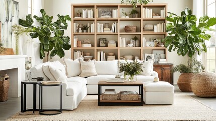 A contemporary living room with toxin-free wooden shelving, natural linen upholstery, and a seagrass rug.