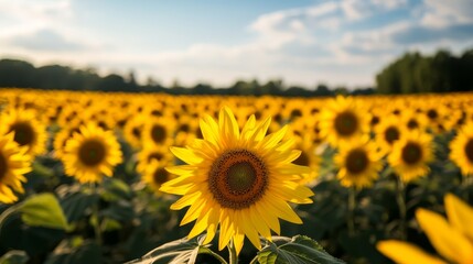 Sunflowers bloom widely in a sunny field, creating a breathtaking view of yellow flowers reaching for the sky, epitomizing the splendor of nature&rsquo;s growth